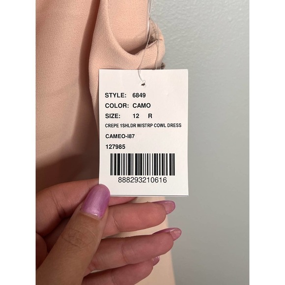 NWT After Six One Shoulder With Strap Cowl-Neck Crepe Maxi Dress Cameo Size 12 - Picture 11 of 12